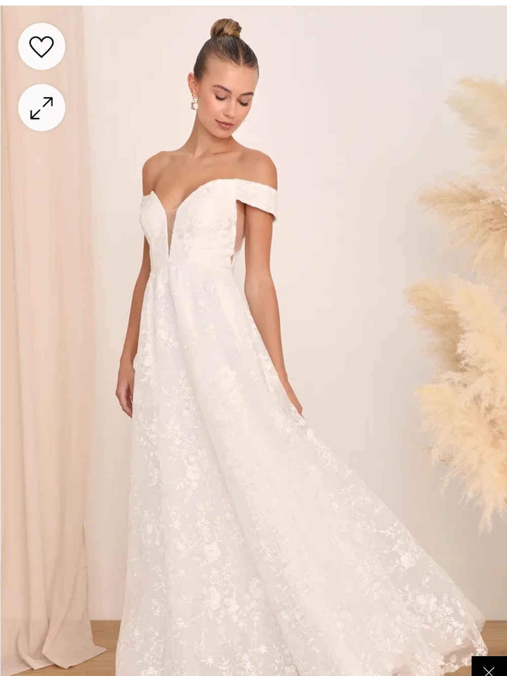 Lulu’s Fairytale Love Story Lace off-the-shoulder Wedding Dress